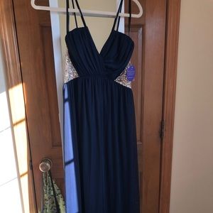 navy blue prom dress with iridescent stones